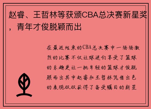 赵睿、王哲林等获颁CBA总决赛新星奖，青年才俊脱颖而出